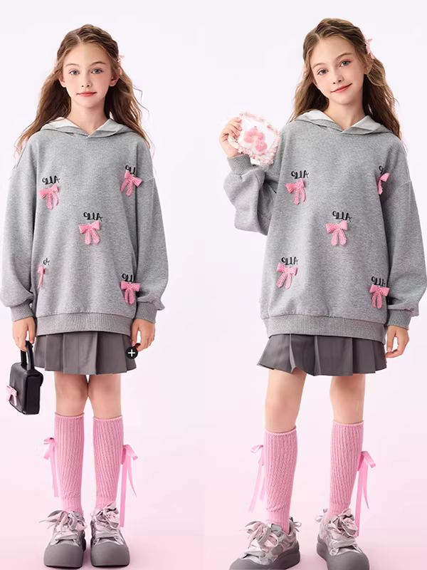 Áo khoác nỉ có mũ dễ thương cho bé gái, mẫu mới thu đông 2025, dành cho trẻ lớn hơn, có thêu nơ, kiểu dáng thể thao, năng động