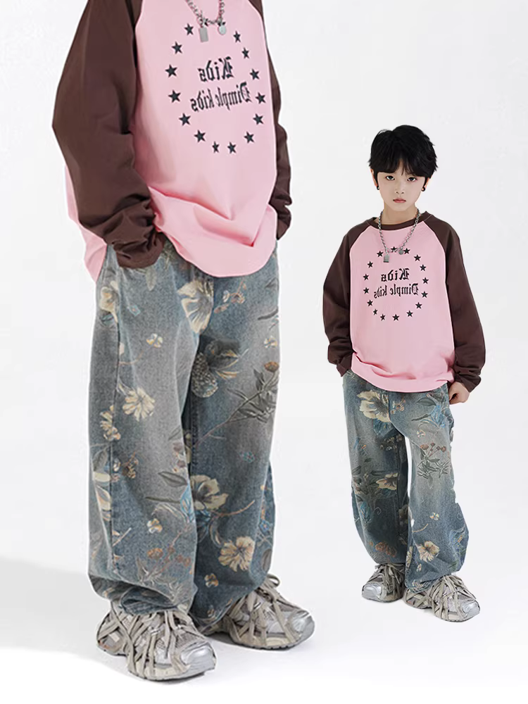 Quần jean bé trai 25 kiểu mới xuân thu quần ống rộng in họa tiết cho bé gái quần ống rộng cỡ vừa và lớn quần dài phù hợp cho cha mẹ và con cái