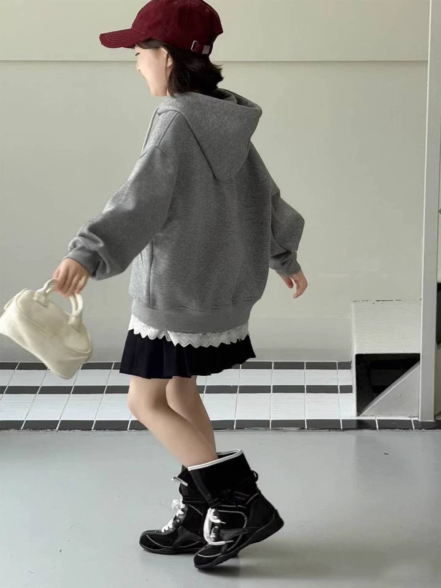 Áo khoác có mũ trùm đầu phối ren, khóa kéo, kiểu Hàn Quốc, dáng rộng, dành cho bé gái, hàng mới thu đông 2025