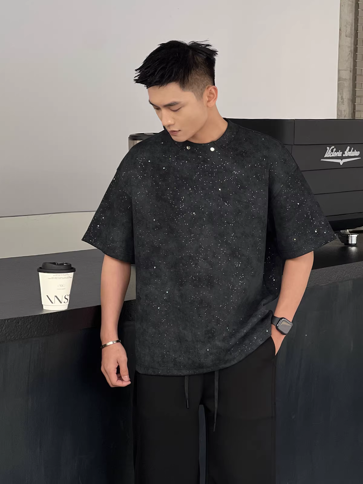 Trang phục số 22 [Bầu trời đầy sao sang trọng nhẹ nhàng] Bầu trời đầy sao in bạc Mùa hè mát mẻ Nhãn thép Áo thun cao cấp tay ngắn