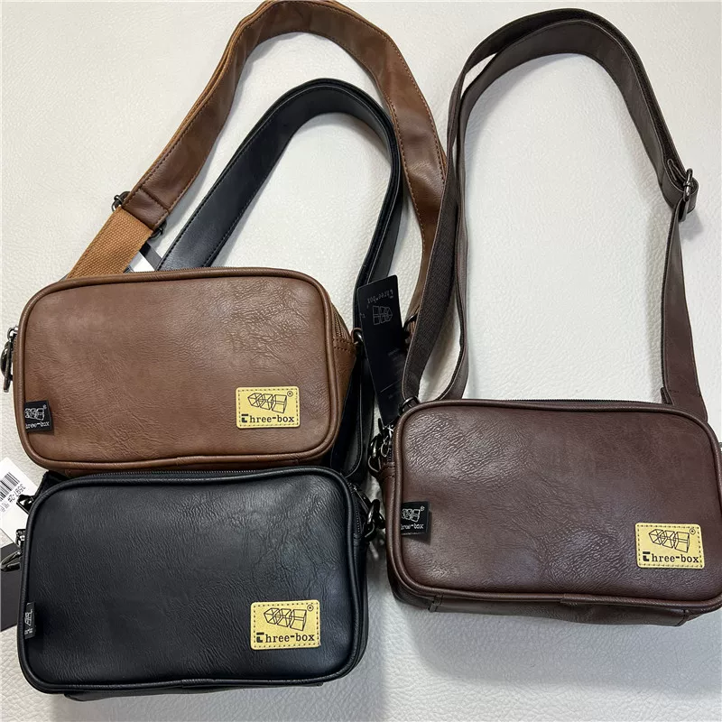 Túi đeo chéo da mềm phong cách Hàn Quốc Threebox Túi đeo chéo nam có khóa kéo phong cách Nhật Bản và Hàn Quốc màu trơn Túi đeo vai nam hợp thời trang thông thường