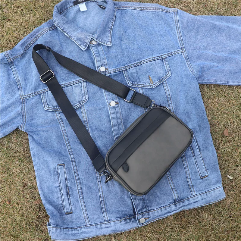 Túi đeo vai nam da Crazy Horse thời trang 2024, phong cách Nhật Bản và Hàn Quốc, khóa kéo, hình vuông, thể thao, hợp xu hướng, cổ điển, đeo chéo