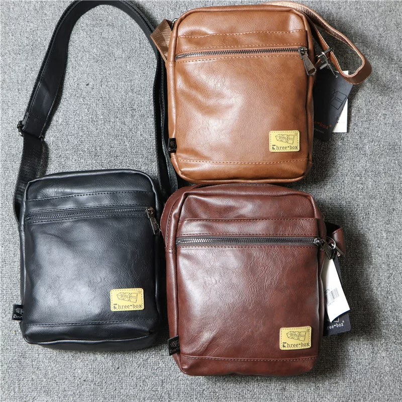 Túi đeo vai nam Threebox phong cách Nhật Bản đeo chéo nam phong cách retro hợp thời trang ba lô da mềm hình vuông túi xách