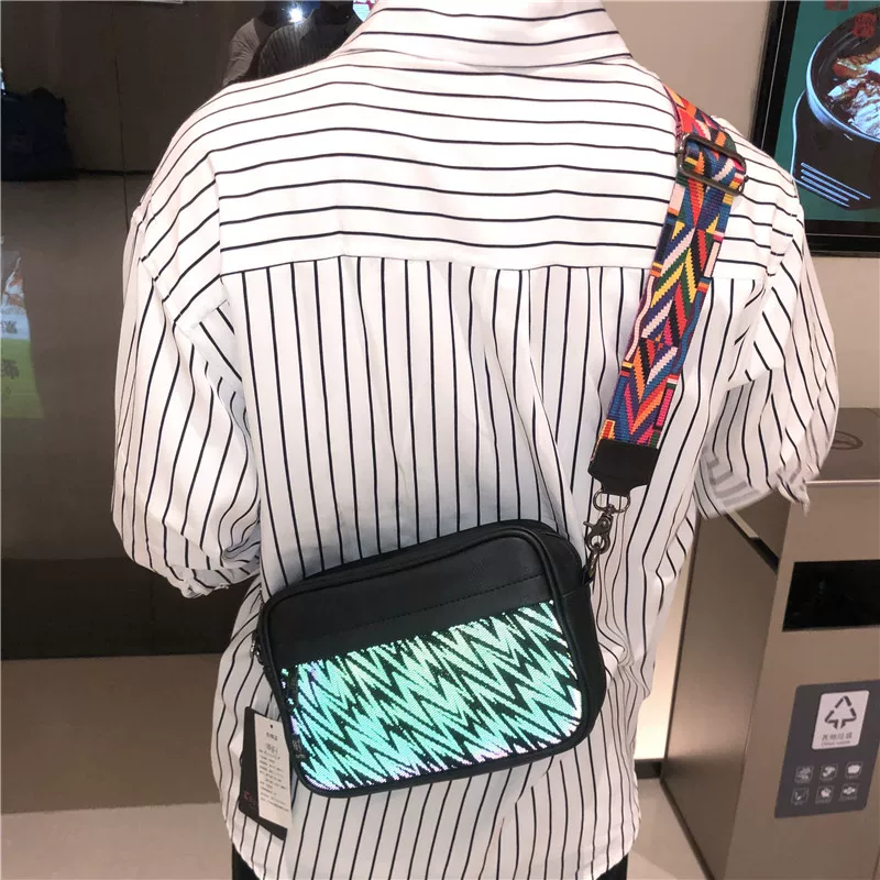 Túi đeo chéo nam sọc thời trang Nhật Bản và Hàn Quốc ba ngăn, phong cách hip-hop, unisex, chất liệu PU thời trang