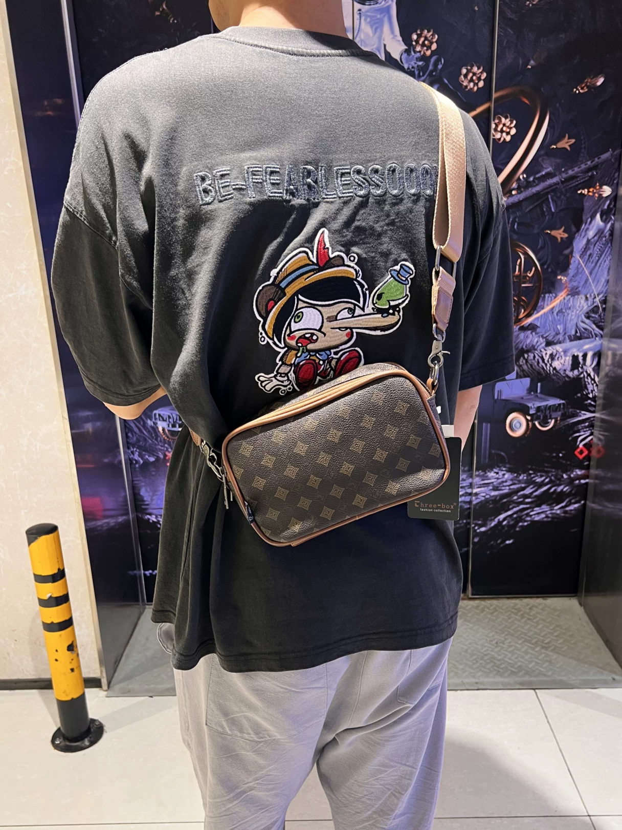 Túi đeo chéo họa tiết ba hộp, túi đeo vai nam thông thường, túi đeo chéo nhỏ phong cách đường phố thời trang, ví kẻ sọc unisex