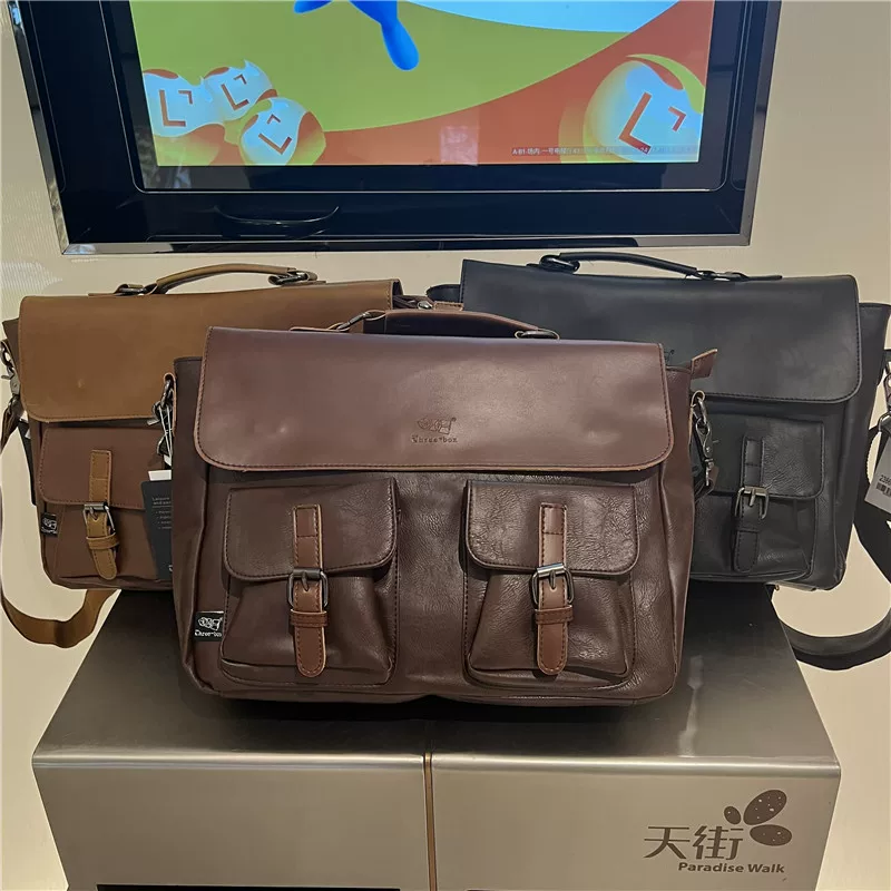 Túi xách nam retro thời thượng threebox, túi đeo vai công sở thời trang, túi đeo chéo đựng tài liệu và máy tính kiểu Nhật