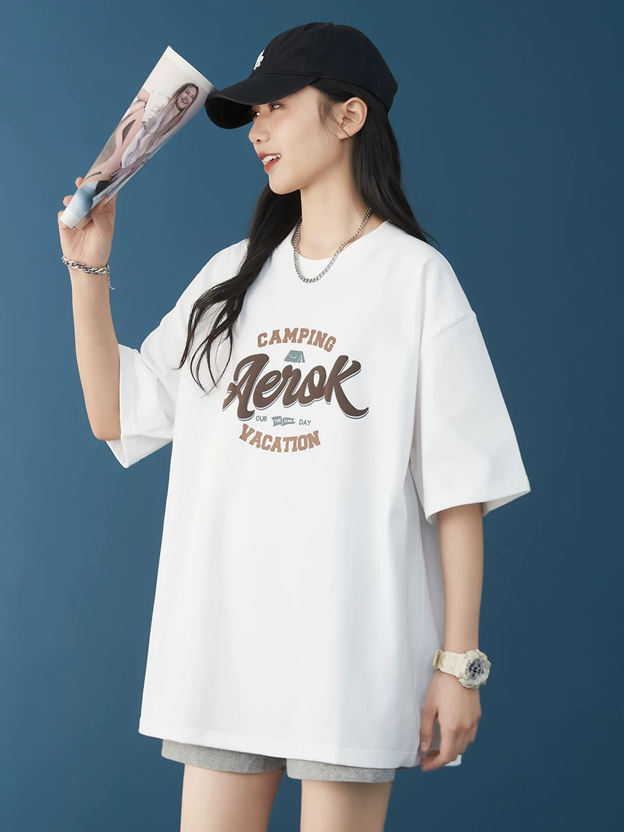 Áo thun nữ tay ngắn kiểu dáng rộng, chất liệu cotton 100% cao cấp, in họa tiết phong cách Mỹ, kiểu dáng BF, tay áo trễ vai, mùa hè mới, 300g, thời trang.