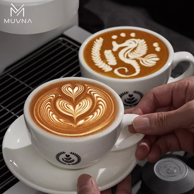 Ly cà phê gốm sứ MUVNA, ly latte nghệ thuật, ly cà phê latte hoa văn nổi, kèm đĩa, 220/280ml