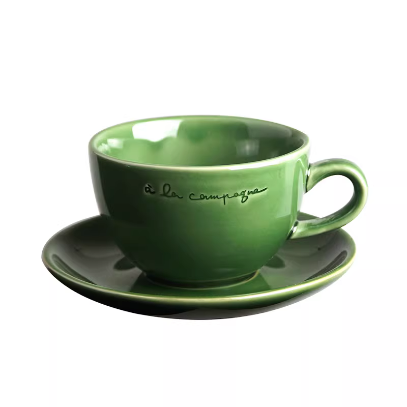 Bộ tách cà phê sứ xanh cổ điển, tách cappuccino gốm men xanh, tách latte art Pháp miệng rộng 230ml
