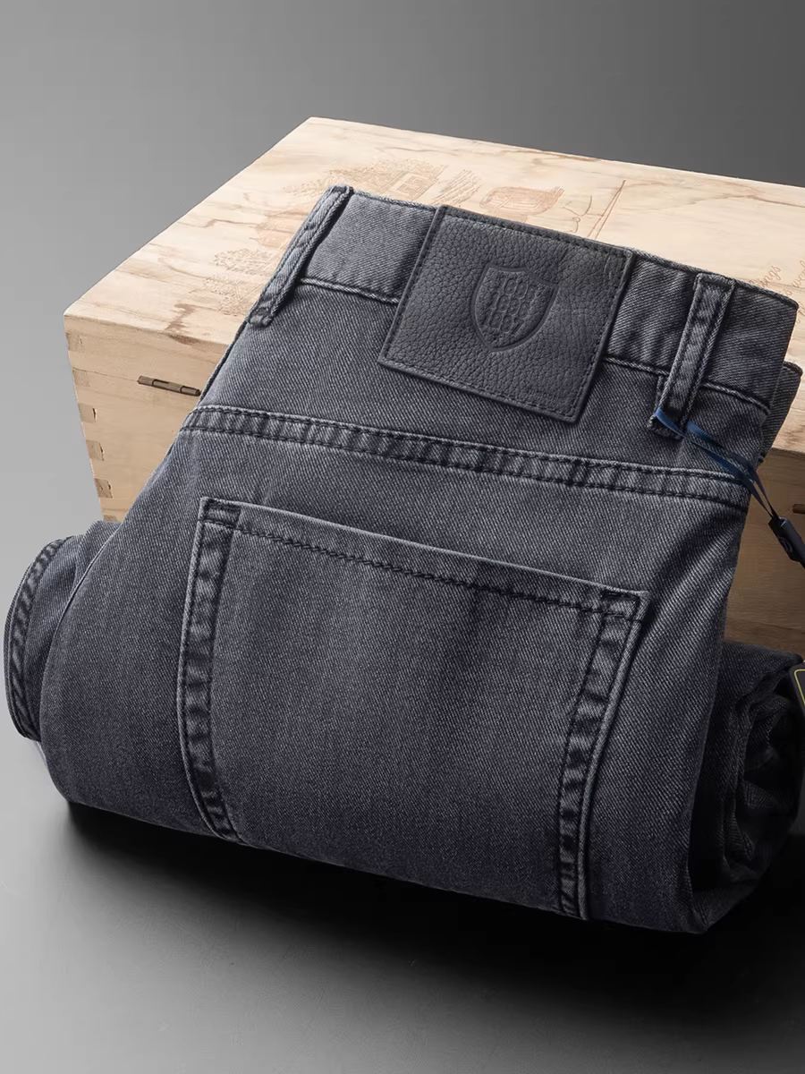 Quần jean nam cotton Tencel co giãn nhẹ mùa hè, màu xám tro trơn, đa năng, kiểu dáng thẳng, chất liệu đã qua xử lý, mặc thường ngày, dài.