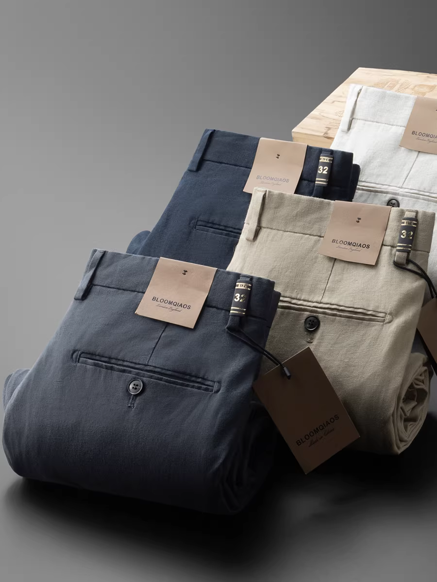 Quần dài dáng thẳng bằng vải lanh nguyên chất dành cho nam mùa hè, phong cách công sở giản dị, dáng rộng, đa năng, mềm mại, mát mẻ, thoáng khí, không bó sát.