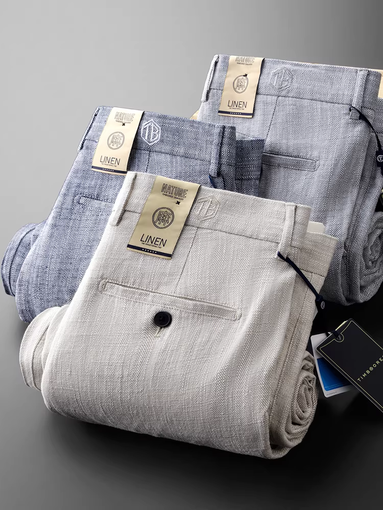 Quần cotton và vải lanh nhuộm sợi xương cá nhẹ mới mùa hè quần ống đứng thông thường dành cho nam quần vải lanh thời trang thoáng khí và thấm hút mồ hôi