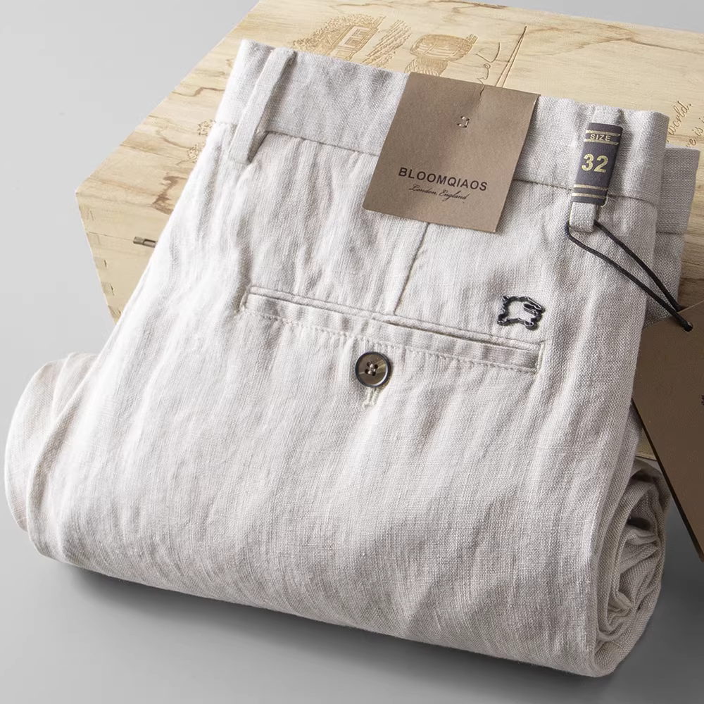 Quần vải lanh nguyên chất kiểu dáng mới mùa hè dành cho nam, quần dài chân thẳng đa năng dành cho doanh nhân, màu vải lanh tự nhiên, quần dài thoáng mát và thoáng khí, nhẹ và rộng rãi.
