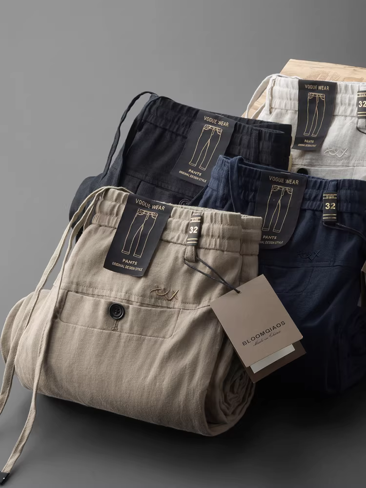 Quần vải lanh nguyên chất phong cách mới mùa hè dành cho nam, ống thẳng, lưng thun, dây rút, quần dài, thoải mái, thoáng khí, đa năng, mỏng.