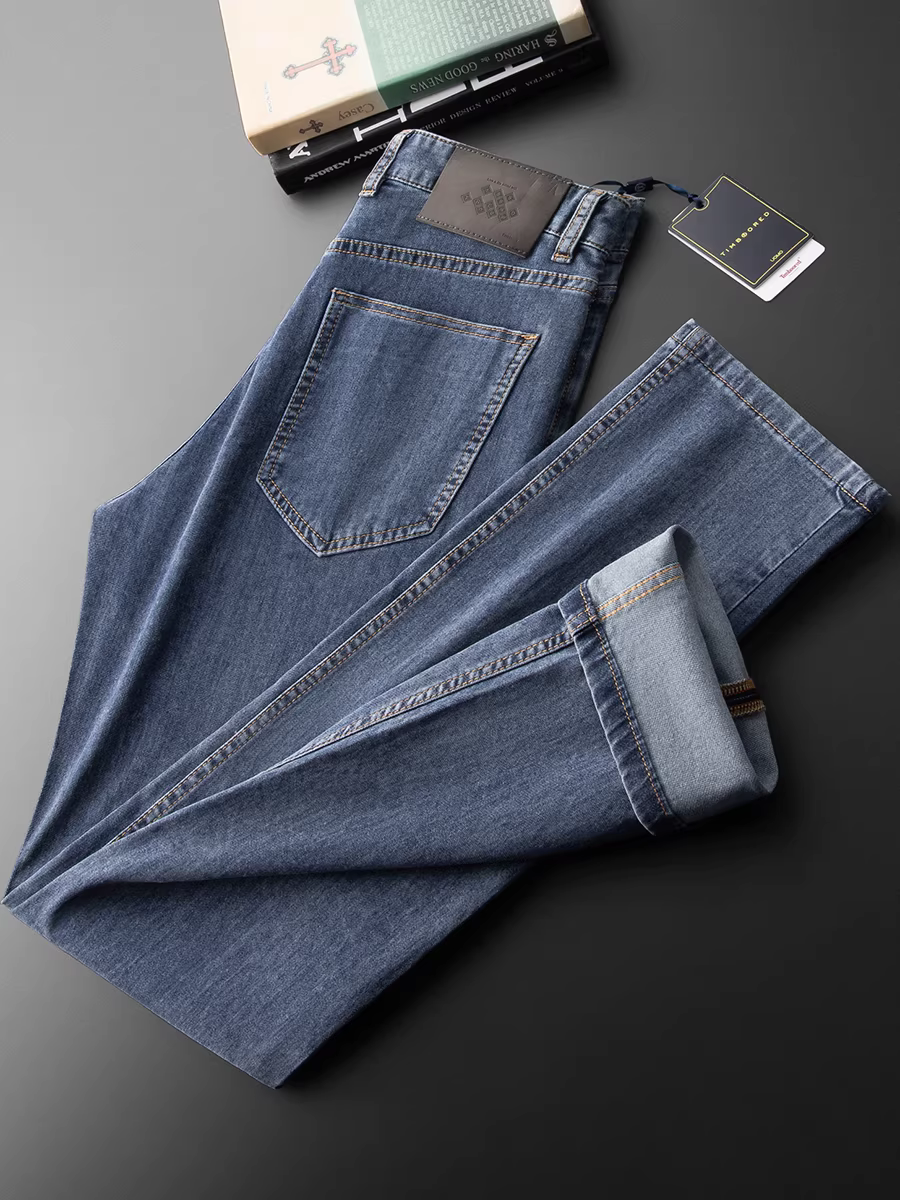 Quần jean nhẹ mới mùa hè dành cho nam, quần cotton co giãn dáng thẳng ống rộng, màu xanh công sở đa năng