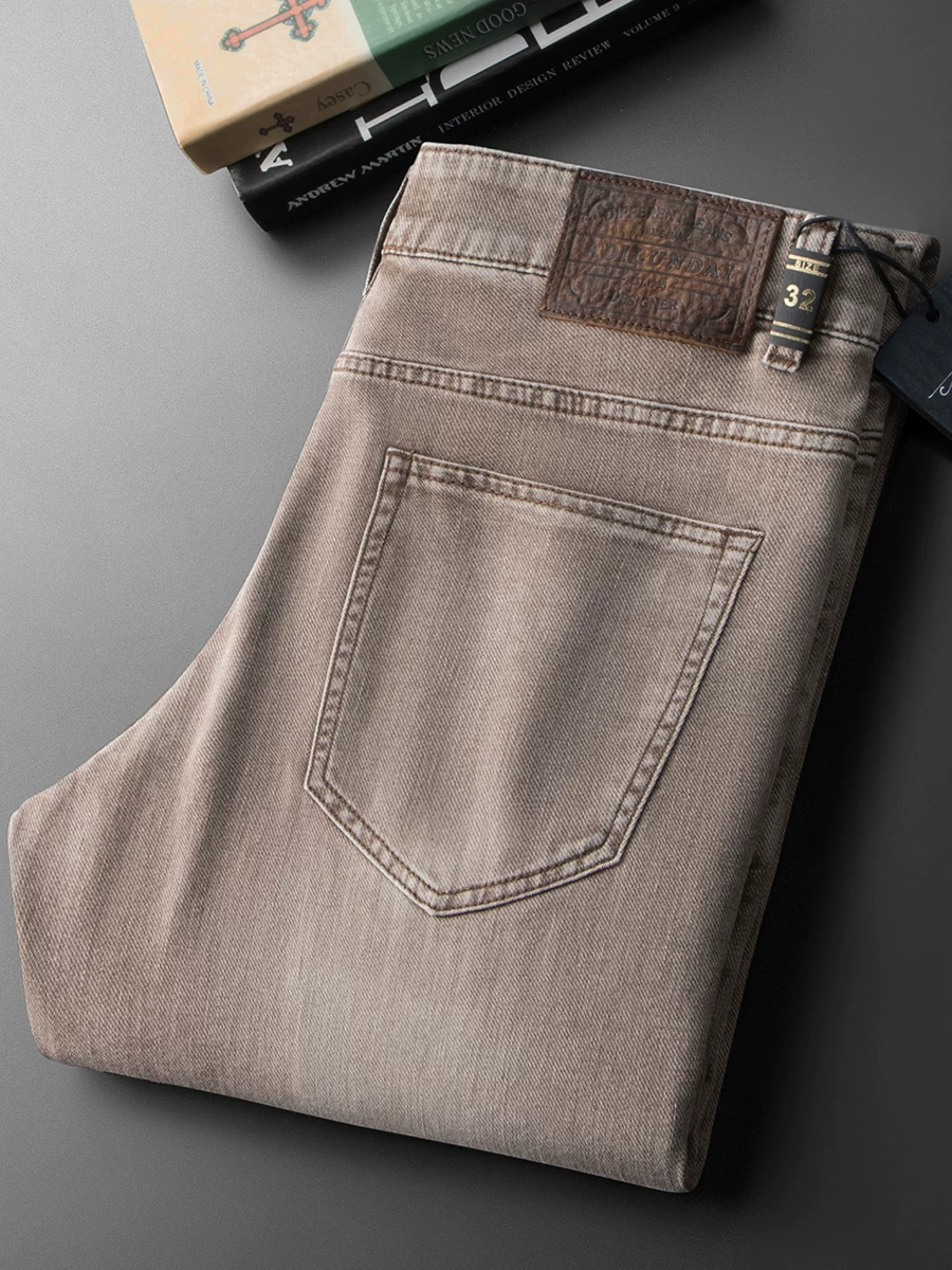 Quần Jean Nam Ống Thẳng Mùa Xuân/Hè 2024 Chất Cotton Co Giãn Màu Nâu Nhạt Dài Mỏng Thoải Mái Thoáng Khí Đa Năng