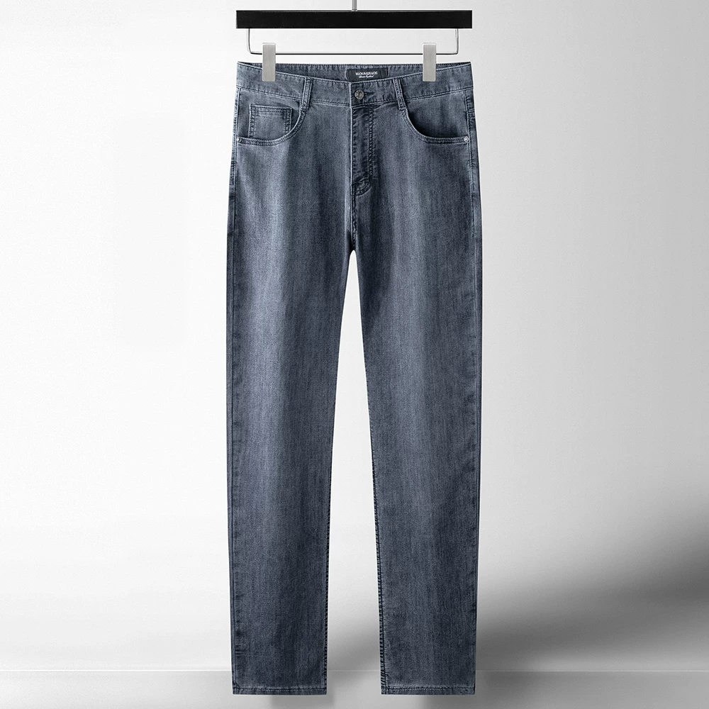 2023 Xuân/Hè Mới Nam Quần Jean Ống Thẳng Giặt Xám-Xanh Cotton Co Giãn Denim Quần Dài Mỏng Đa Năng thoáng Khí