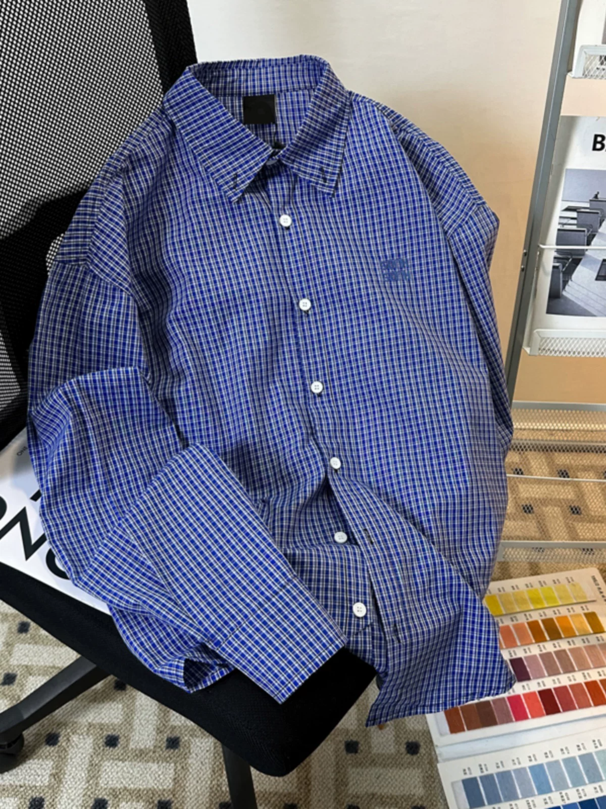 Áo sơ mi dài tay kẻ sọc xanh cho nam mùa xuân thu, áo sơ mi thường ngày thêu họa tiết cổ điển kiểu Mỹ, áo khoác rộng rãi hợp thời trang