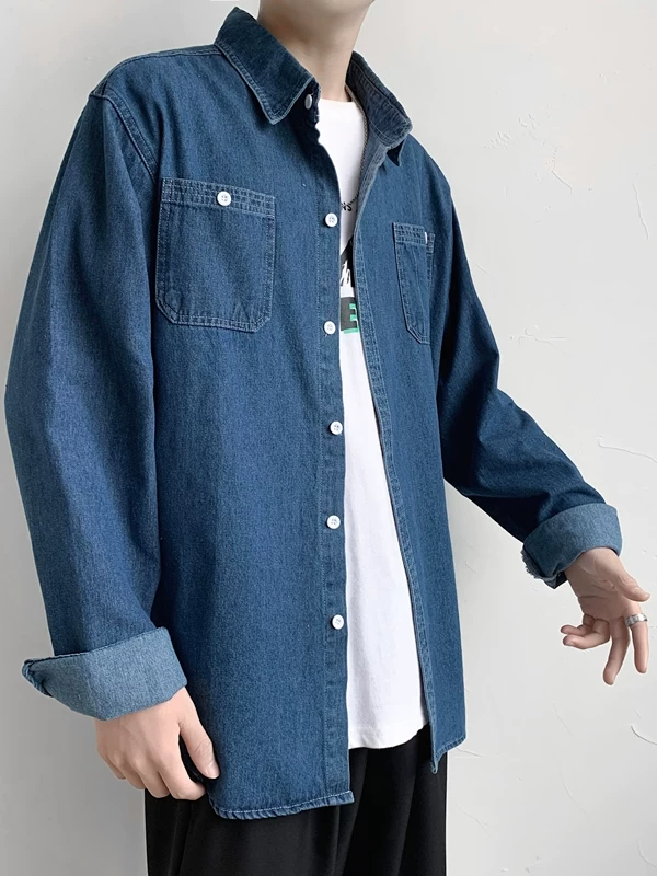 Áo sơ mi denim nam, dài tay, phong cách Hàn Quốc, hợp thời trang, sành điệu, áo sơ mi thường ngày, phong cách Hồng Kông mùa thu, đa năng, áo khoác thường ngày thương hiệu hợp thời trang