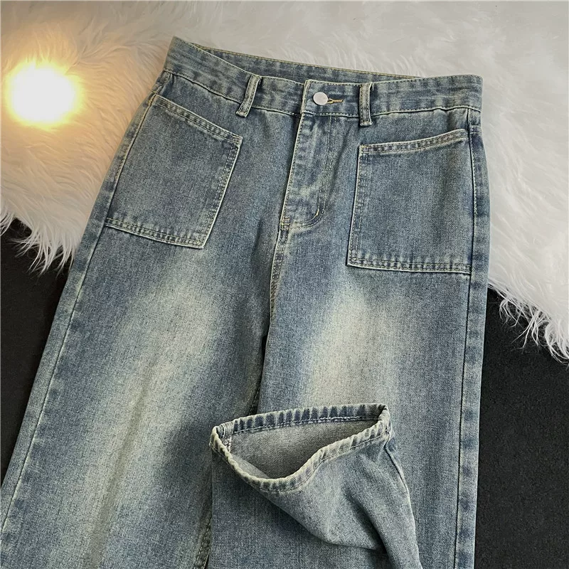 Quần jeans kiểu Mỹ giặt mềm cho mùa thu đông, quần ống đứng thời thượng dành cho nam, quần dài ống rộng phong cách đường phố retro.