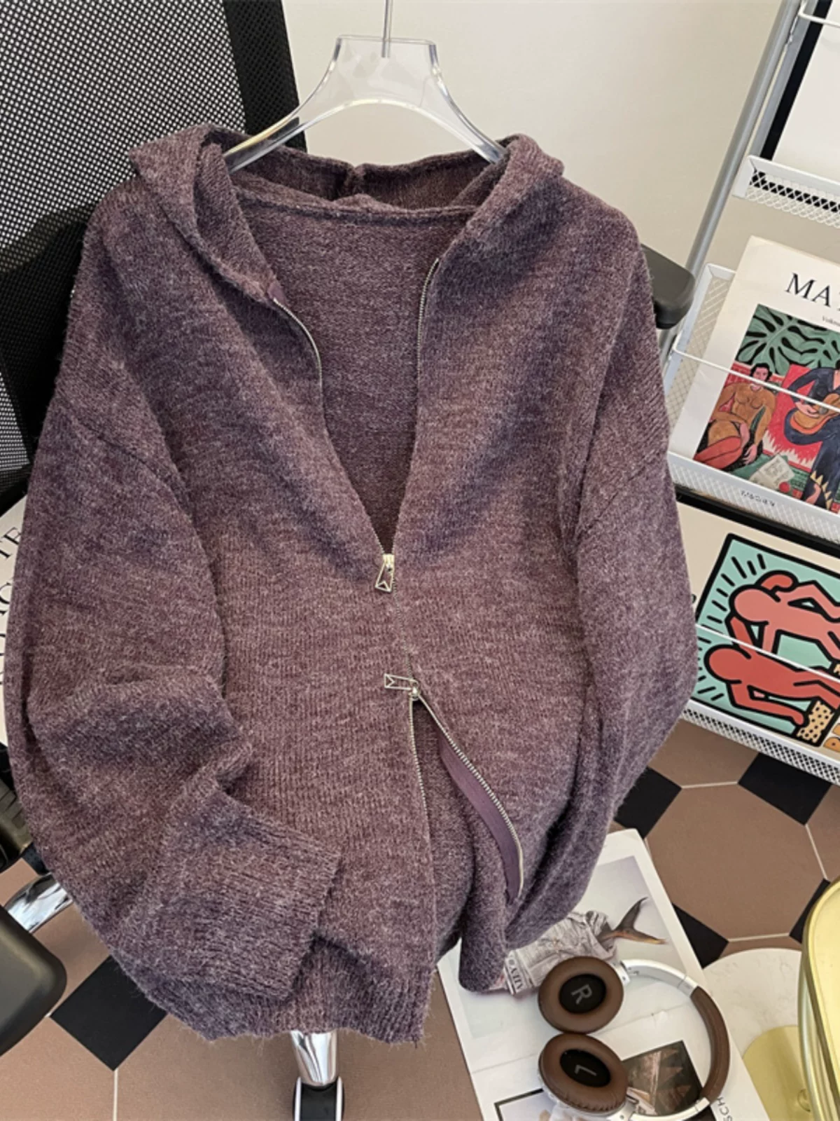 Áo len cardigan có khóa kéo đôi dành cho nam và nữ, áo len có mũ trùm đầu phong cách lười biếng, áo khoác len kiểu Mỹ rộng rãi hợp thời trang mùa thu đông.