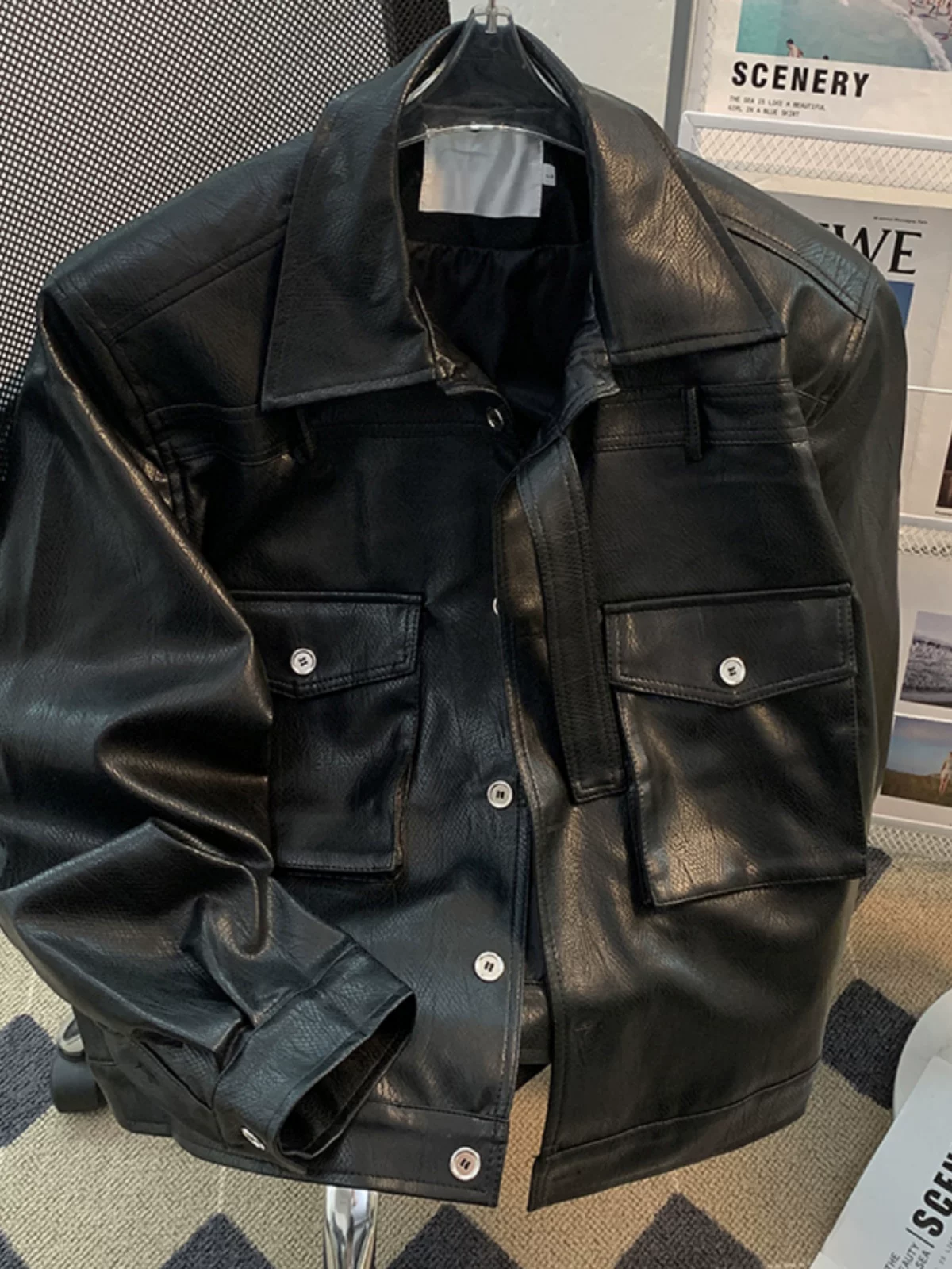 Áo khoác da thiết kế phá cách dành cho nam, phong cách Mỹ thời thượng mùa xuân thu, áo khoác da PU cá tính, dáng rộng, cổ lật, kiểu áo khoác biker.