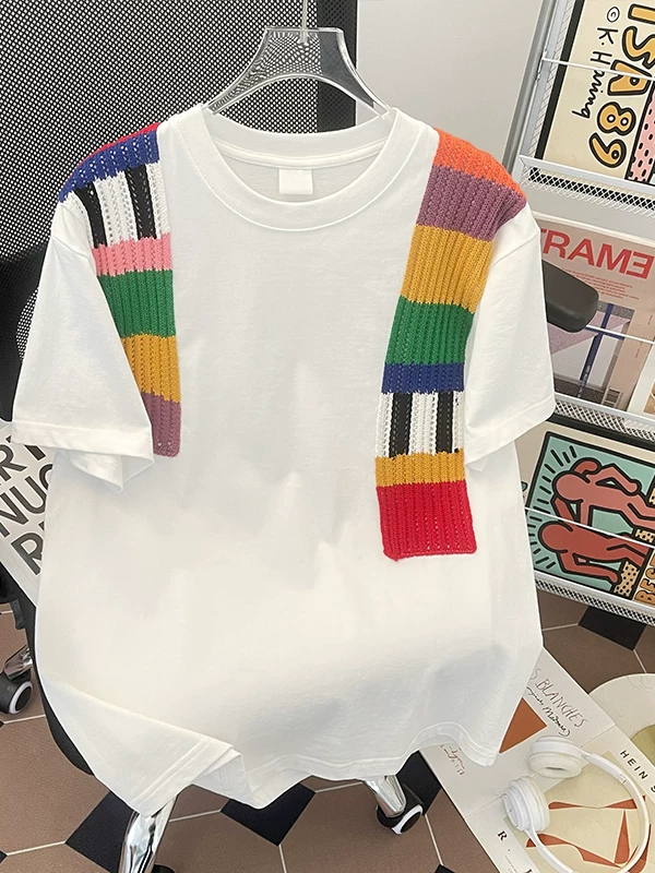 Áo thun nam tay ngắn phối màu len cầu vồng, áo thun cotton dày dặn mùa hè, áo thun cặp đôi thời trang dáng rộng thương hiệu nổi tiếng.