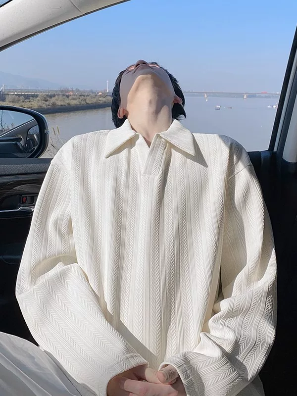 Áo thun dài tay cổ Polo họa tiết bông lúa mì dành cho nam, áo nỉ đôi dày dặn hợp thời trang mùa thu, áo sơ mi cơ bản dáng rộng phong cách Mỹ.