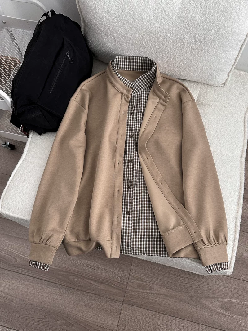 Áo khoác giả hai mảnh phong cách Mỹ dành cho nam và nữ, áo cardigan chắp vá kẻ sọc xuân thu, áo cao cấp dáng rộng hợp thời trang.