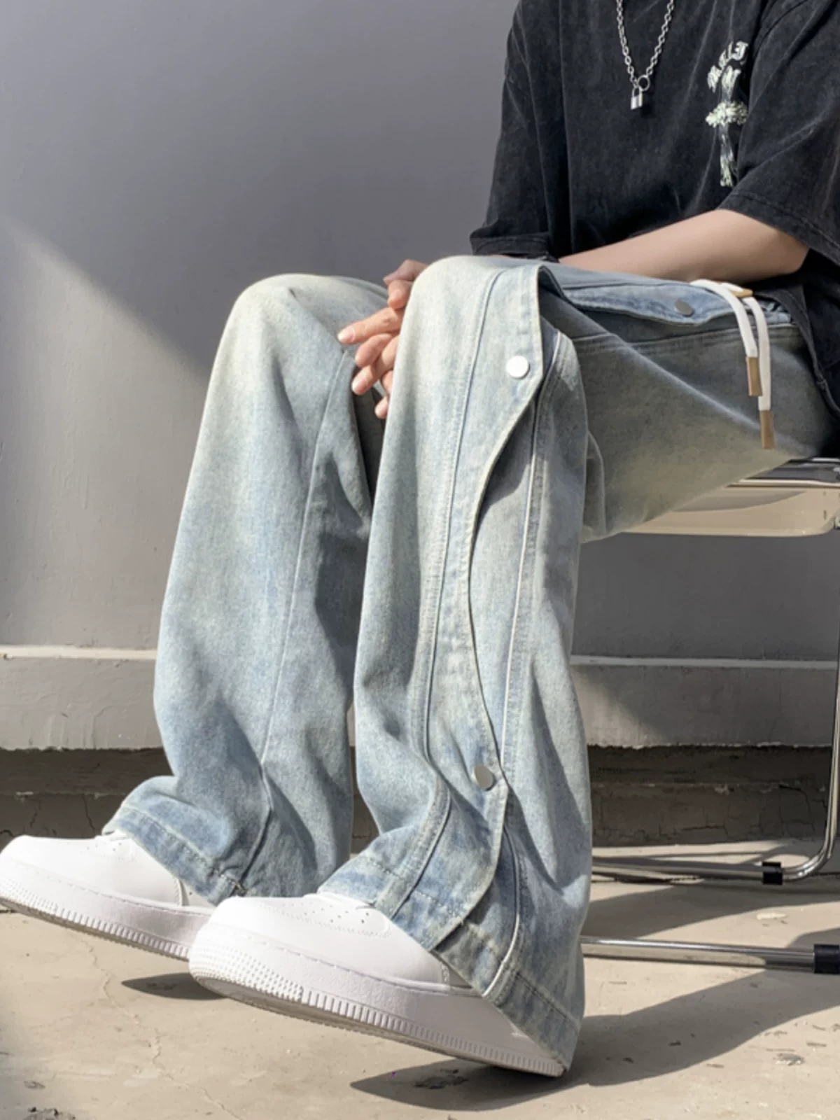 Quần jean nam phối vải chắp vá, quần phong cách hip-hop Mỹ mùa hè, thương hiệu thời thượng, quần ống rộng dài chạm đất, kiểu dáng thoải mái.