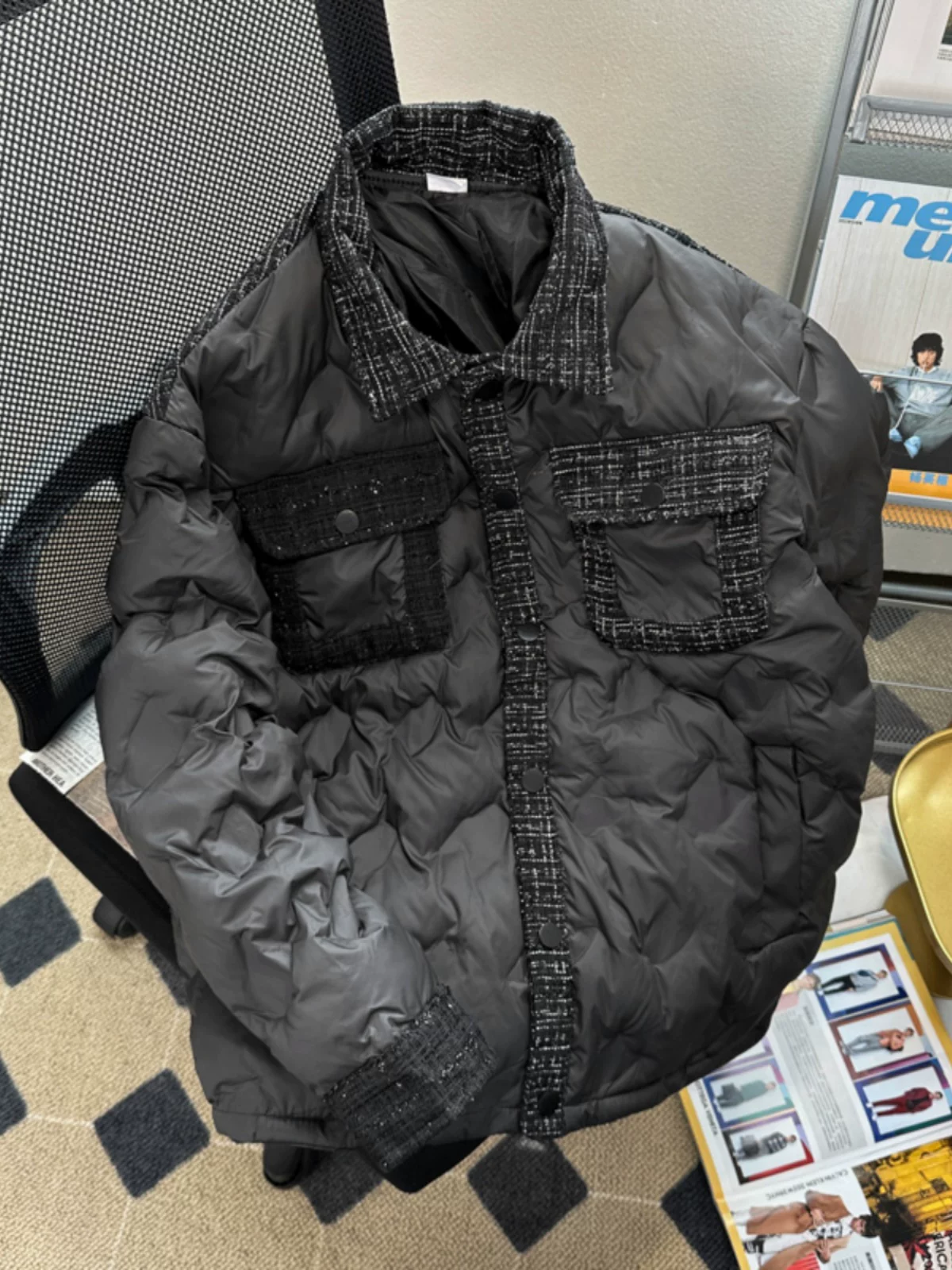 Áo khoác cotton kiểu Chanel dành cho nam, thiết kế dày dặn, dáng rộng mùa đông, áo khoác cotton cặp đôi phong cách Mỹ thời thượng.