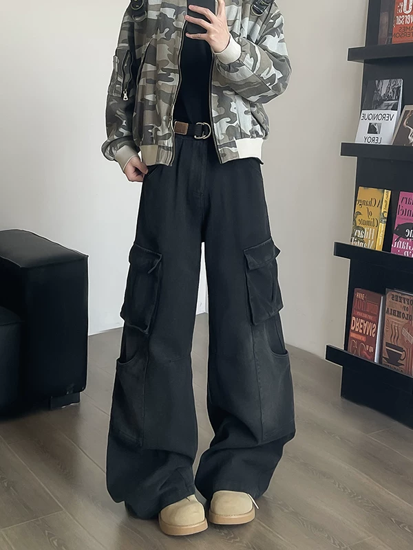 Quần jean công sở nhiều túi dành cho nam, quần ống cong cleanfit mùa xuân, quần ống rộng dài chạm sàn phong cách Mỹ thời thượng.