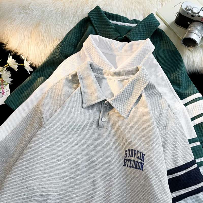 Áo thun waffle kiểu Mỹ dành cho nam, áo polo tay ngắn dáng rộng, thời trang mùa hè, đa năng, áo đôi tay lửng.