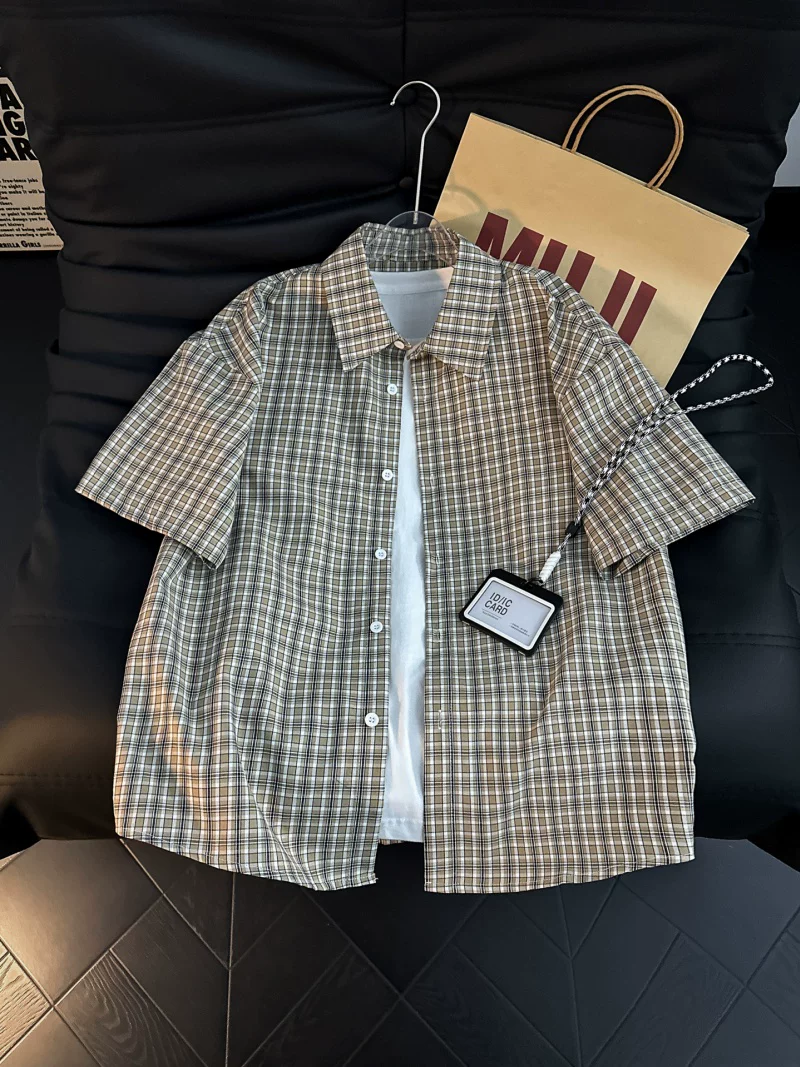 Áo sơ mi ngắn tay kẻ sọc phong cách retro của Mỹ dành cho nam, áo khoác sơ mi dáng rộng mùa hè, áo nửa tay thông thường của thương hiệu thời thượng