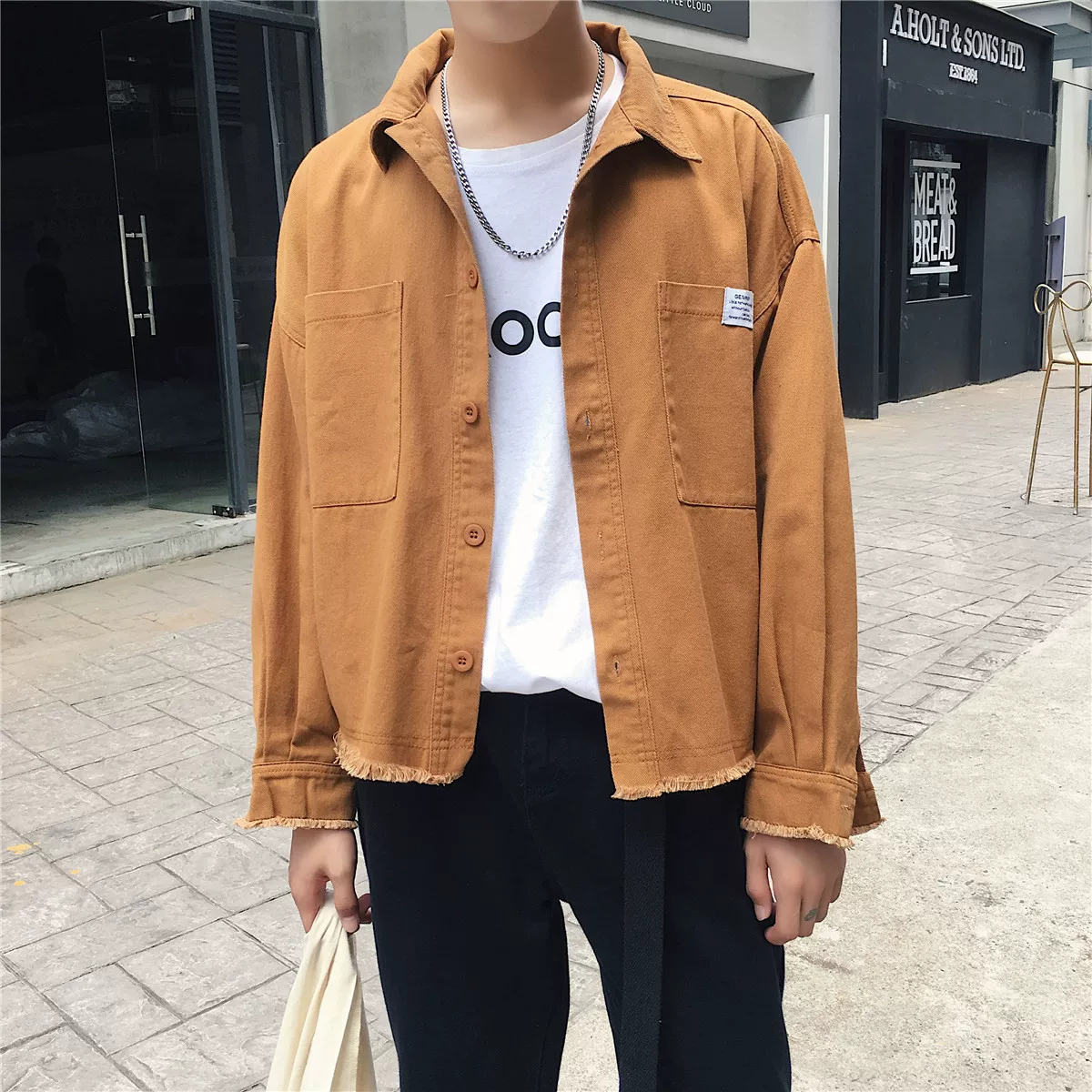 Áo khoác công sở mùa xuân thu dành cho nam, áo khoác kiểu Hồng Kông phong cách Hàn Quốc, áo khoác dáng rộng có viền tua rua hợp thời trang.