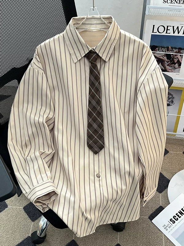 Áo khoác sơ mi sọc cổ điển Nhật Bản dành cho nam, dáng rộng, áo sơ mi dài tay sành điệu có cà vạt, thiết kế xuân thu.