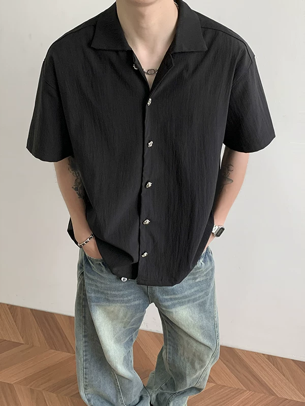 Áo sơ mi nam tay ngắn xếp ly kiểu Nhật, thương hiệu thời thượng mùa hè, cảm giác cao cấp, áo lụa băng dáng rộng, áo nửa tay xếp lớp sành điệu.