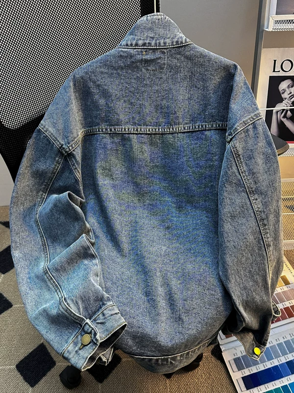 Áo khoác denim dày dặn dành cho nam, kiểu dáng thời trang mùa xuân thu phong cách Mỹ, áo khoác công sở dáng rộng, cổ đứng, áo khoác đôi đa năng.