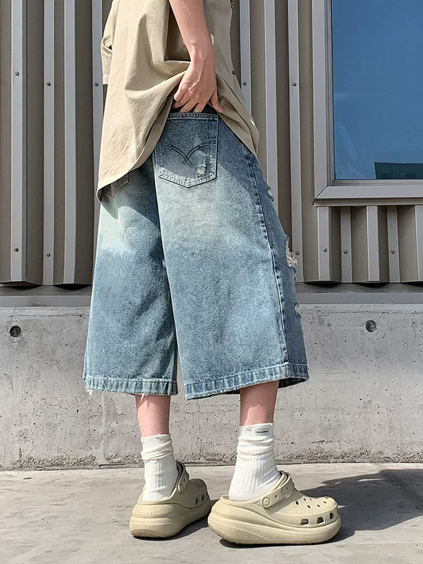 Quần short denim rách unisex thời trang, dáng rộng, ống thẳng, kiểu Mỹ, phong cách đường phố cá tính, quần ống rộng dài ngang gối