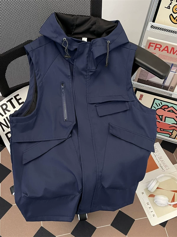 Áo vest không tay kiểu dáng dã ngoại dành cho nam, áo vest công sở nhiều túi đa năng mùa hè, áo khoác có mũ trùm đầu rộng rãi phong cách Mỹ thời thượng.