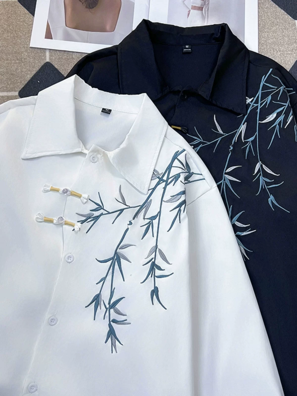 Áo sơ mi thêu tre phong cách Trung Quốc mới, bộ đồ mùa hè kiểu Đường có áo sơ mi dài tay cài nút, áo khoác Hanfu thời thượng dành cho nam.