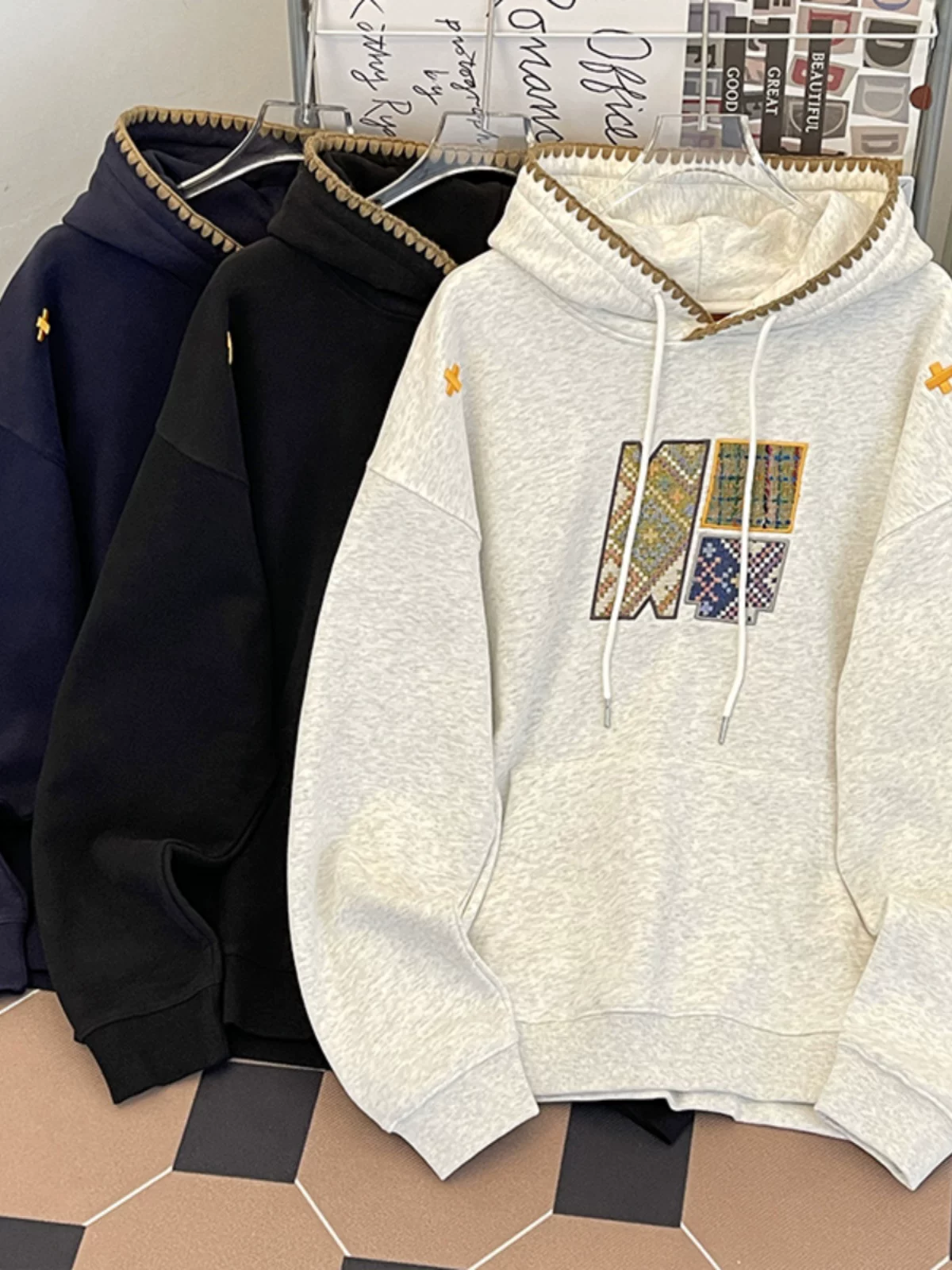 Áo nỉ hip-hop kiểu Mỹ dành cho nam, mùa xuân thu, áo có mũ thêu rộng rãi, thiết kế thời thượng, áo khoác đôi.