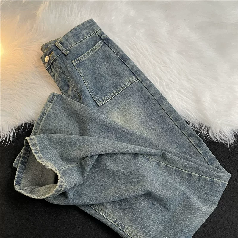 Quần jeans kiểu Mỹ giặt mềm cho mùa thu đông, quần ống đứng thời thượng dành cho nam, quần dài ống rộng phong cách đường phố retro.