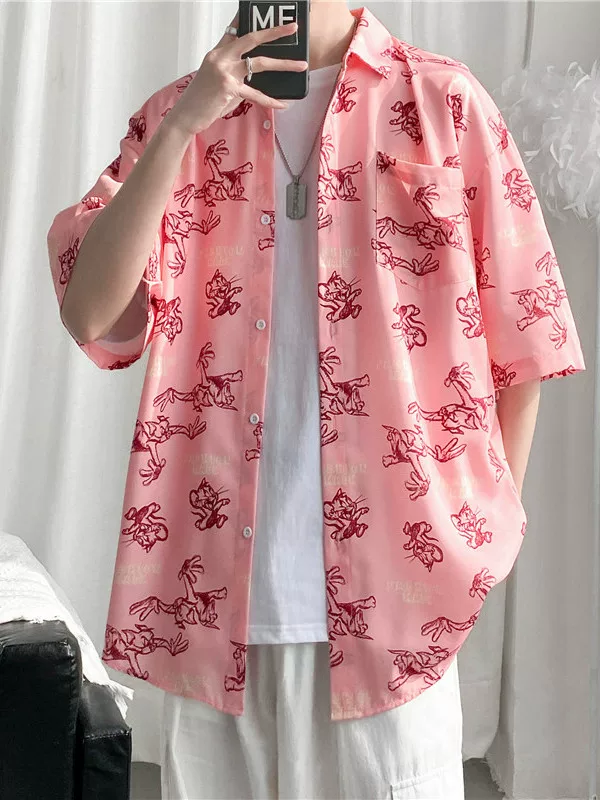 Áo sơ mi ngắn tay in họa tiết phong cách Hồng Kông, áo sơ mi nửa tay thường ngày mùa xuân hè, áo kiểu dáng rộng rãi dành cho nam giới