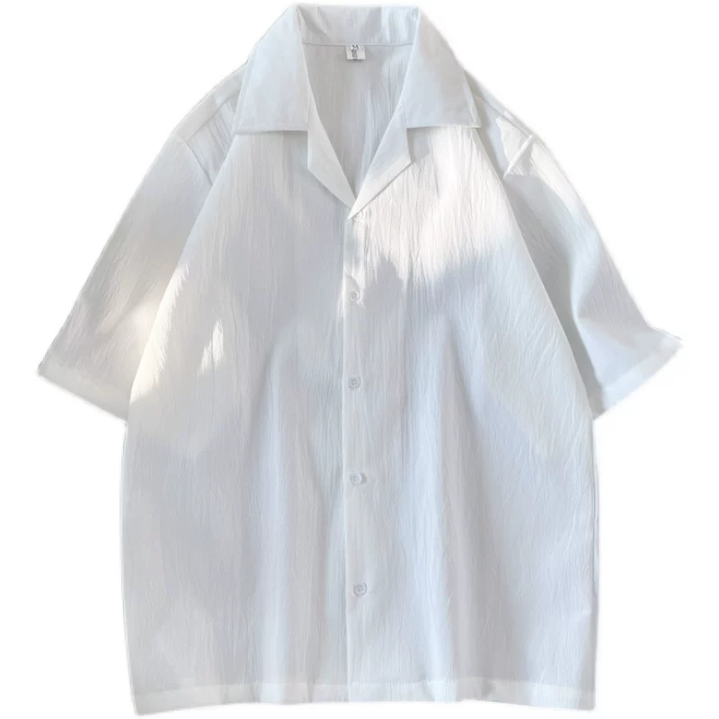 Áo sơ mi lụa xếp ly nam tay ngắn kiểu Nhật dáng rộng cổ Cuba thiết kế hợp thời trang mùa hè mát mẻ