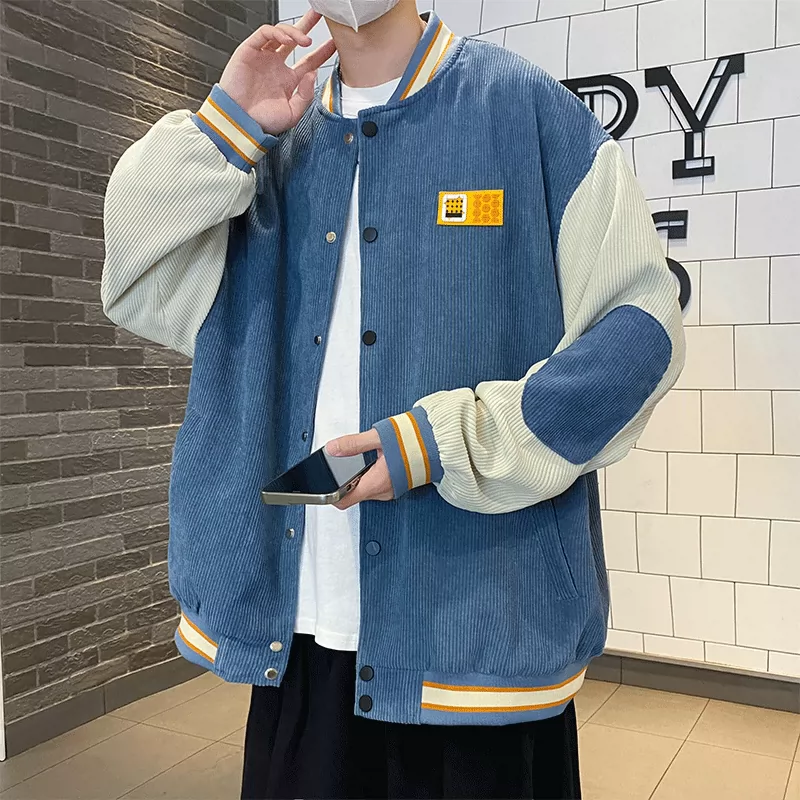 Áo khoác nhung kẻ sọc cho nam, mùa xuân thu, phong cách Hồng Kông, phối màu, áo khoác bóng chày thường ngày, dáng rộng hợp thời trang, áo khoác cặp đôi cá tính.