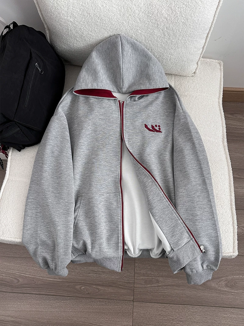 Áo khoác có mũ thêu kiểu Mỹ dành cho nam và nữ, áo khoác có khóa kéo thường ngày mùa xuân thu, áo khoác ngoài rộng rãi hợp thời trang dành cho cặp đôi.