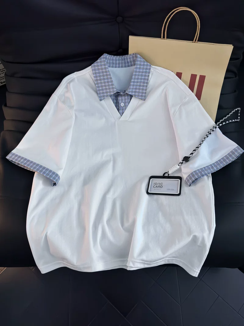 Áo sơ mi Polo kiểu Mỹ phối họa tiết kẻ sọc dành cho nam, áo sơ mi thường ngày mùa hè có cổ, áo thun ngắn tay, thương hiệu thời thượng, dáng rộng, áo đa năng.
