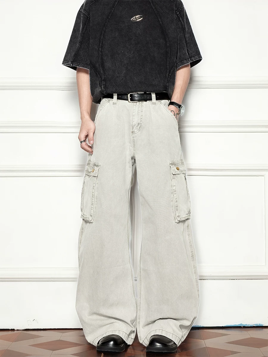 Quần cargo túi lớn phong cách Mỹ cổ điển dành cho nam, quần dài ống rộng dáng suông thời thượng, quần jean ống rộng kiểu Nhật đã qua xử lý giặt mềm.