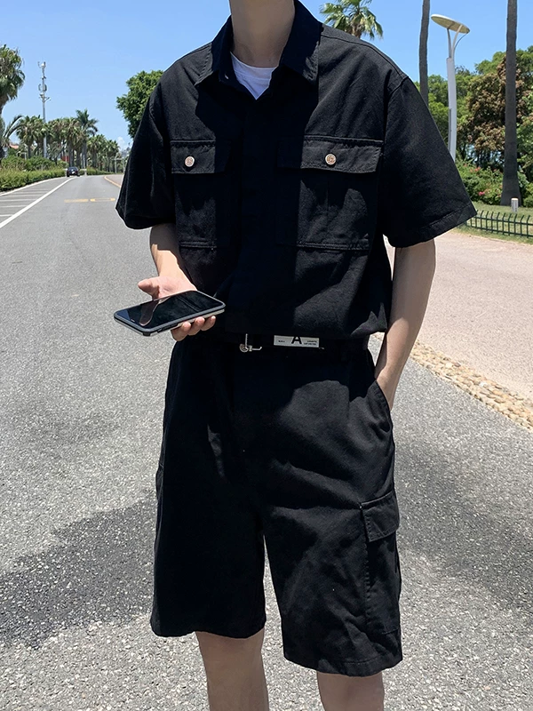 Bộ đồ bảo hộ lao động nam mùa hè thường ngày tay ngắn phong cách Hồng Kông Nhật Bản dáng rộng hợp thời trang thương hiệu quần năm điểm cá tính